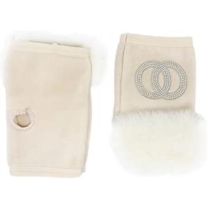 QUEEN HELENA Guanti Senza Dita Invernali Caldi con Pelo Morbidi Casual con Strass Donna G04 (Beige)