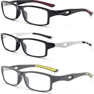 KoKoBin confezione da 3 occhiali da lettura rettangolari design sportivo TR90 flessibile anti luce blu aiuto alla lettura signore per uomini (2, Confezione da 3 (nero bianco grigio))