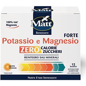 Matt, Magnesio e Potassio Forte, Integratore Alimentare Concentrato Senza Zuccheri e Senza Calorie, Utile per il Reintegro dei Sali Minerali, Riduce la Stanchezza, Gusto Arancia, Confezione 12 Bustine