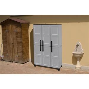 Dmora - Armadio da esterno Nandrin, Mobile porta scope, Armadietto da esterno 3 ante, 100% Made in Italy, 102x37h169 cm, Grigio chiaro e Nero, Finitura quadri