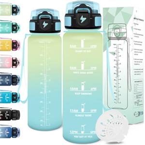 Motswedi Borraccia 1 litro, a Prova di Perdite, Borraccia Motivazionale, Riutilizzabile, Bottiglia Acqua, Senza BPA, Borracce, per Palestra, Ufficio, Sport, Ciclismo, Running, Bianco Sporco Azzurro