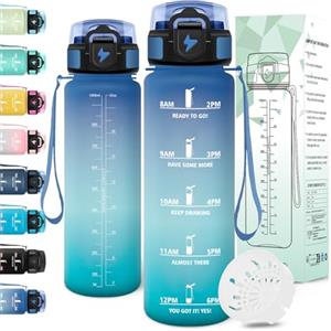 Motswedi Borraccia 1 litro, a Prova di Perdite, Borraccia Motivazionale, Riutilizzabile, Bottiglia Acqua, Senza BPA, Borracce, per Palestra, Ufficio, Sport, Ciclismo, Running, Blu Verde