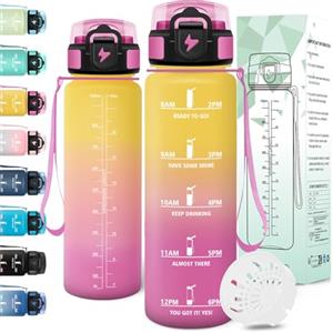 Motswedi Borraccia 1 litro, a Prova di Perdite, Borraccia Motivazionale, Riutilizzabile, Bottiglia Acqua, Senza BPA, Borracce, per Palestra, Ufficio, Sport, Ciclismo, Running, Giallo Rosa