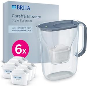 BRITA Caraffa filtrante Style Essential Stone Blue (2,4L) incl. 6x MAXTRA PRO PURE PERFORMANCE che riduce cloro, calcare, PFAS e metalli - Adatta alla porta del frigorifero, con indicatore LED