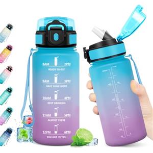 KollyKolla Borraccia 500ml, Borraccia con Cannuccia e Marcatori Temporali, Bottiglia Riutilizzabile, senza BPA, Bottiglia Acqua A Prova di Perdite, Borraccia Motivazionale per Bambini, Scuola, Ufficio, Yoga