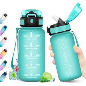 KollyKolla Borraccia 500ml, Borraccia con Cannuccia, Bottiglia Acqua Riutilizzabile, Bottiglia con Marcatori Temporali, Borraccia senza BPA, A Prova di Perdite, Borraccia per Bambini, Scuola, Ufficio, Sport