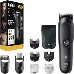 Braun Rifinitore All-in-One Series 5, Rasoio Elettrico Barba E Capelli 9In1 Con Lama Ultra Affilata E Tecnologia SkinGuard Per Il Corpo, 120 Min Di Autonomia, Impugnatura AquaGrip, AIO5540, Nero