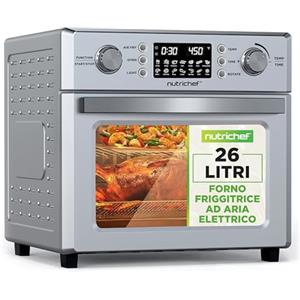 NutriChef Friggitrice ad Aria Forno 26 Litri 1700 Watt con Girarrosto 360°, 10 Programmi, Vassoio, Cestello e Griglia 38x41x36 cm, Argento