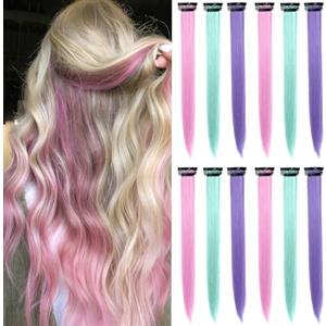 REEKNOKOL 12 Pezzi Extension Clip-in Capelli 55cm - Set Arcobaleno Sintetico con Fibre Lucide per Ragazze/Donne (Accessori Capelli per Feste & Compleanni)