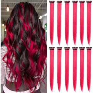 REEKNOKOL 12 Pezzi Extension Clip-in Capelli 55cm - Rosa Fuxia Sintetico con Fibra Lucente per Ragazze 12+/Donne (Accessori per Feste & Carnevale)