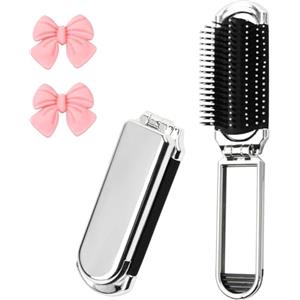 emperoch 2 Spazzola Portatile con Specchio Piccolo Spazzola da Viaggio per Capelli Spazzola da Borsa Spazzola Capelli Lisci Spazzola Piatta per Capelli (Argenteo)