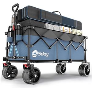 Sekey XXXL Carrello Spiaggia Ruote Grandi 300L 200KG, Carrello Pieghevole con Ruote Extra Larghe 17x10 cm a Tutti i Terreni, Brevettato Pieghevole da QUATTRO Direzioni SE4013, Grigio con Blu