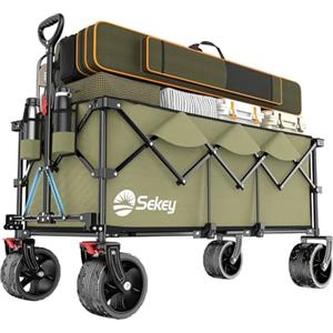 Sekey XXXL Carrello Spiaggia Ruote Grandi 300L 200KG, Carrello Pieghevole con Ruote Extra Larghe 17x10 cm a Tutti i Terreni, Brevettato Pieghevole da QUATTRO Direzioni SE4013, Verde Oliva