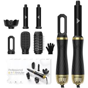 UKLISS Spazzola Asciugacapelli 6 in 1, Airstyler & Phon Professionale con Arricciacapelli Automatico, Spazzola Lisciante per Capelli, Thermal Brush, Multistyler Regali Set per Donne Styling - Nero