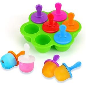 KATELUO Mini Stampo in Silicone per Ghiaccioli con Bastoncini di Plastica Colorati - 7 Scomparti Fai da Te, per Alimenti per Bambini Contenitore, Ghiaccioli, Mousse, Mini torta, Dessert Fai da Te