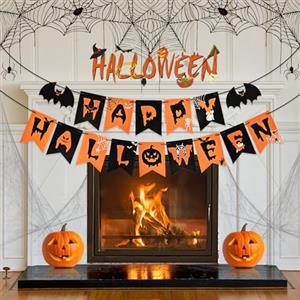 AhfuLife Happy Halloween Banner per le Decorazioni del Partito di Halloween, 3M Girlande Happy Halloween in Carta Riciclabile Senza Montaggio con Pipistrelli Neri per Decorazione Porta e Pareti