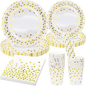 AMJKEJI Servizio da Tavola per Feste, 80Pezzi Bianche e Dorate Stoviglie per Feste 20 Ospiti Festa di Compleanno per Bambini Piatti di Carta Tovaglioli Stoviglie Bianco per Feste Nuziale Compleanni Halloween