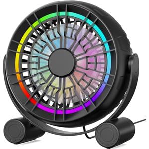 Punoge Ventilatore da tavolo USB RGB - Ventilatore da tavolo portatile silenzioso a 3 velocità, 8 luci LED a colori, rotazione a 360°, piccolo ventilatore per la casa e l'ufficio.