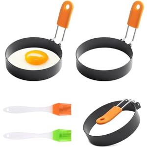 CYIOU 3 Pcs Stampo Pancake 9 CM + 2 spazzole Anelli per Uova in Acciaio Inox Rotondi Stampi per Pancake Stampi In Silicone con Silicone Antiscottatura per Uova Dolci Friggere Uova e Frittate