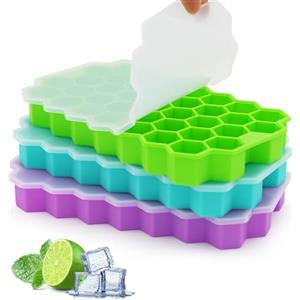 Azyh Vassoi per cubetti di ghiaccio per congelatore con coperchio, 37 griglie in silicone con coperchio, per piccoli stampi per cubetti di ghiaccio, cubetti di ghiaccio riutilizzabili a facile