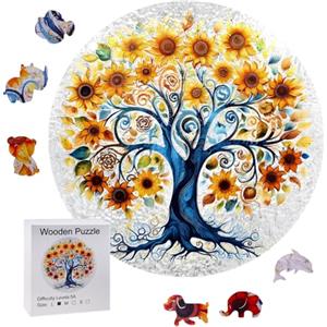 wocpvm Puzzle en bois tournesol Puzzle de Forme Unique Arbre puzzle en bois adulte pour enfants à partir de 6 ans Puzzle Bois avec Boîte pour la décoration de la maison et les cadeaux (28 x 28 cm)