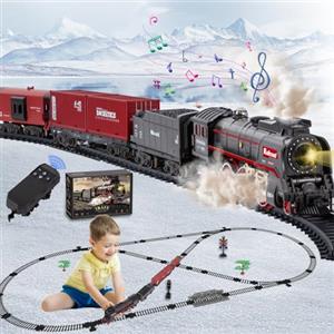 Joellfuner Trenino Elettrico per Bambini, Locomotiva a Vapore, Trenino Elettrico Natalizio con Affumicato, Luci e Suoni, Treni Elettrico Giocattolo con Pista Lunga per Regali di Natale (Telecomandi)