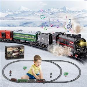 Joellfuner Trenino Elettrico per Bambini, Locomotiva a Vapore, Trenino Elettrico Natalizio con Affumicato, Luci e Suoni, Treni Elettrico Giocattolo con Pista Lunga per Regali di Natale (Pulsanti)