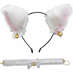Zwenjuan Fascia per Orecchie di Gatto,Fascia per Capelli con Orecchie di Volpe Collana a Campana,Colore Nero,Orecchie di Gatto,Accessorio per Capelli per Ragazze e Donne,Cosplay per Feste(Bianco)