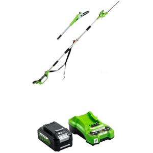 Greenworks 24V Sega ad Asta e Tagliasiepi ad Asta 2 in 1 a Batteria, con Tracolla, Barra della Sega ad Asta 20cm, Lame Tagliasiepi ad Asta a Doppia Azione 51cm, Batteria 4Ah e Caricabatterie G24PSHK4