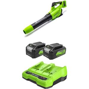 Greenworks 48V(2x24V) Soffiatore Foglie Assiale a Batteria con Motore Brushless, Funzione Turbo, 217km/h, 16,4m³/min, CON 2 4AhBatterie e Caricabatterie, Garanzia 3 Anni GD24X2ABK2X