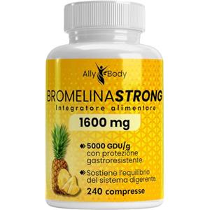 Ally Body Bromelina Forte Drenante 5000 GDU/g Gastroprotetta - 240 Compresse per Ritenzione Idrica, Cellulite Ostinata, Pancia Gonfia e Gambe Pesanti