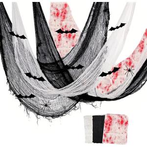 XIAQICA 3 Pezzi Tessuto Spaventoso di Halloween Panno Inquietante Panni di Mussola Nero Bianco Rosso Halloween Decorazioni Casa per Porte Sale Verande Ponti Finestre (200 x 76 cm)