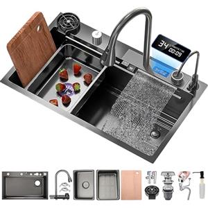 KOOGIMDDR 75x50cm Lavello da cascata nero, Lavello Cucina 1 Vasca in Acciaio Inox, con Rubinetto Estraibile, Dispenser di Sapone, lavello da cucina multifunzione