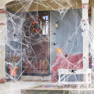 Behiruch Set di decorazioni per Halloween, 200 g, ragnatele estensibili e 50 ragni artificiali, perfetto per interni ed esterni, giardino, porta, finestre, case, casa infestata e accessori per feste