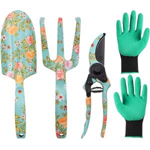 JNUYISW Set di Attrezzi da Giardino, 4 Pezzi Attrezzi da Giardinaggio con Stampa Floreale Incluso Cesoie da Giardino, Rastrello, Pala, Guanti Regalo per il Giardino per Donne, Amanti del Giardino