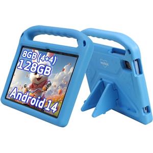 weelikeit Tablet per bambini aggiornato 2024 da 10 pollici Android 14 con custodia, 8 (4+4) GB di RAM 128 GB di ROM, Bluetooth WLAN, controllo bambini, schermo HD, batteria da 6000 mAh, blu