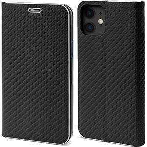 Moozy Custodia a Libro per iPhone 11, Carbonio Nera - Protezione dei Bordi Metallici Flip Cover Portafoglio con Appoggio e Porta Carte