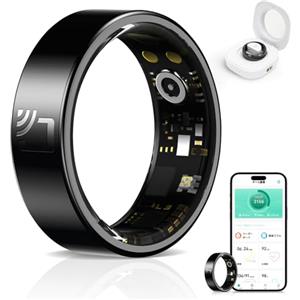 HPLSZCN Smart Ring for Men Women with Charging Case, Multi-Sport Mode Pedometer, Heart Rate, SpO2, Sleep, IP68 Waterproof, Fitness Activity Tracking Ring Android iOS, Size 8 (Black-ceramica, 8)