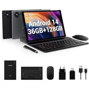 FASTWD Tablet 10 Pollici Android 14,Tablet in offerta con 4G LTE e 5G WiFi,36GB RAM 128GB ROM,8000mAh,13+8MP,volto ID,con Tastiera e Mouse,Nero