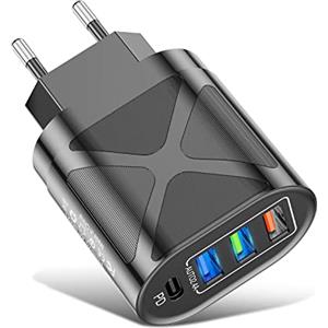 soleilx Caricatore USB C da Muro (3 Porte 2.4 + 1 porta PD 2.4) Caricatore Usb Multiplo - Presa USB C Multipla per iPhone 12 XR XS Max XR 8, iPad, Samsung Galaxy S8 S9 Huawei P30 P20 HTC LG Motorola Nokia