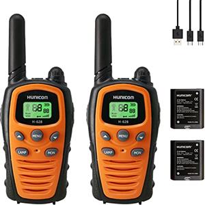HUNICOM Walkie Talkie per adulti, radio a grande raggio, PMR, VOX, con vivavoce, 5 km, con torcia, LED di retroilluminazione (orange+rechargeable battery)