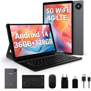 FASTWD 2025 Newest Tablet 10 Pollici Android 14,Tablet in offerta 4G LTE e 5G WiFi,36GB RAM 128GB ROM,1920x1200 incell,8000mAh,volto ID,con Tastiera e Mouse,Grigio
