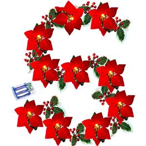 Amzeeniu Artificiale Poinsettia Ghirlanda Natalizia con luci 3m 20 LED Decorazione Ghirlanda con Bacche Rosse E Foglie di Agrifoglio a Batteria per Festa, Decorazioni Natalizie per Interni Ed Esterni