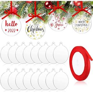LATERN 60 Pezzi Pallina di Natale Ornamenti a Disco in Acrilico Trasparente, 10CM Girare Palline Piatte Vuote in Acrilico con Fori e Nastro Rosso per L'albero di Natale Festa Sospeso Decorazione