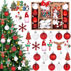 Vautvis Set Palline Albero di Natale, Gnomi Natalizi, 32 Accessori Decorativi, Addobbi Natalizi in Rosso e Bianco