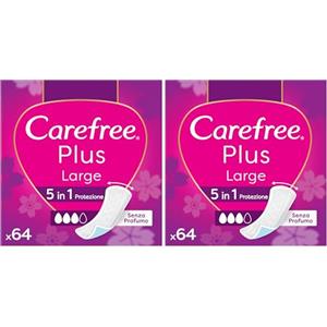 Carefree Salvaslip Plus Large Senza Profumo, Salva slip donna extra ampio con protezione 5in1 per 8h di sensazione di asciutto, Assorbenti senza profumo ultra sottili per uso quotidiano, 64 salvaslip