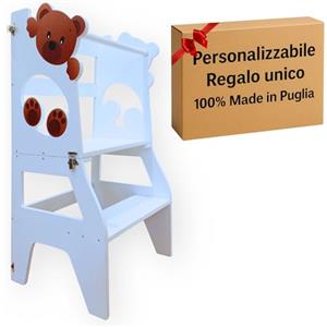 MINDWOOD Torre Montessoriana Personalizzabile per Bambini da 18 Mesi a 6 Anni, Scala Montessoriana in Legno per l'Apprendimento, Trasformabile in Tavolo - Made in Italy (Orsetto, Celeste)