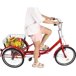 HuKaiL Triciclo pieghevole da 20 pollici, per adulti, con cestino per la spesa, regolabile in altezza, per adulti e anziani, per il tempo libero, rosso