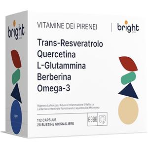 Bright Naturo Gestione della barriera intestinale - Trans-Resveratrolo, L-Glutammina, Berberina, Quercetina, Omega-3 - Potente sinergia di vitamine e minerali | 28 porzioni giornaliere | 112 bustine | Non OGM