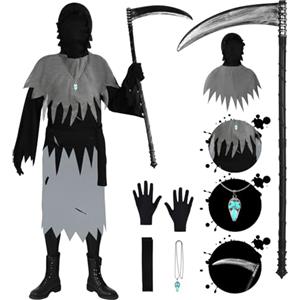 BSBUY Costume da Bambino da Morte, Mietitore Costume per Bambini di Halloween, 6PCS Spaventoso Morte Vestito, Vestiti Mietitore Pauroso, Bambini Scream Fantasma Vestito di Carnevale, Feste